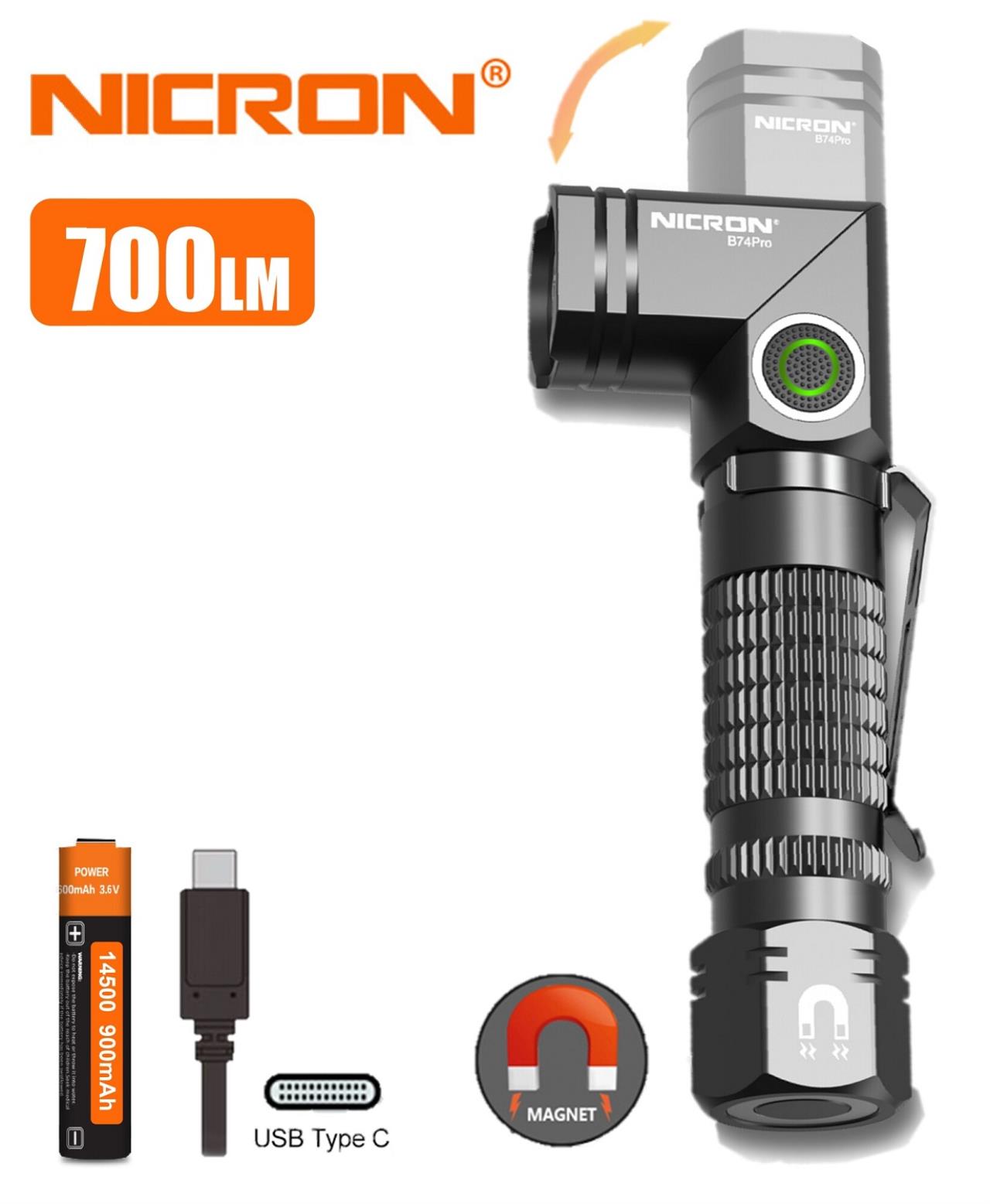NICRON Genopladelig mini L-Twist lygte 700lm Klips