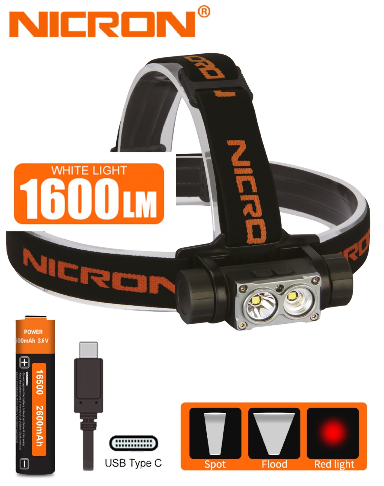 NICRON Genopladelig Alu pandelampe 1600lum USB Ckabel