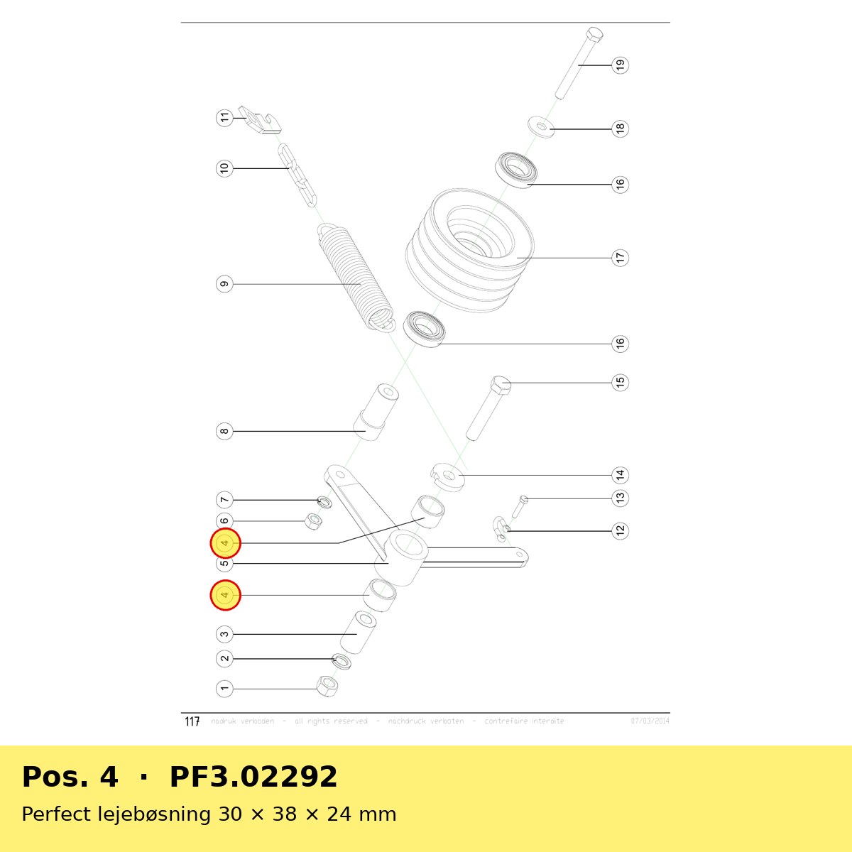 Perfect lejebøsning 30 × 38 × 24 mm – reservedelstegning